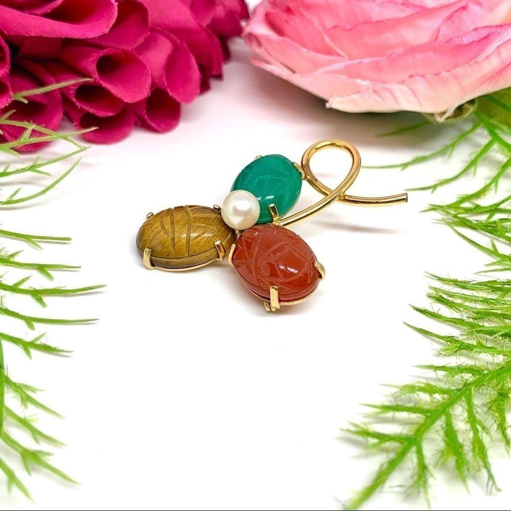 VINTAGE⚜️12K GF Gemstone & Cultured Pearl Clover Ronci Brooch - Picture 3 of 8
